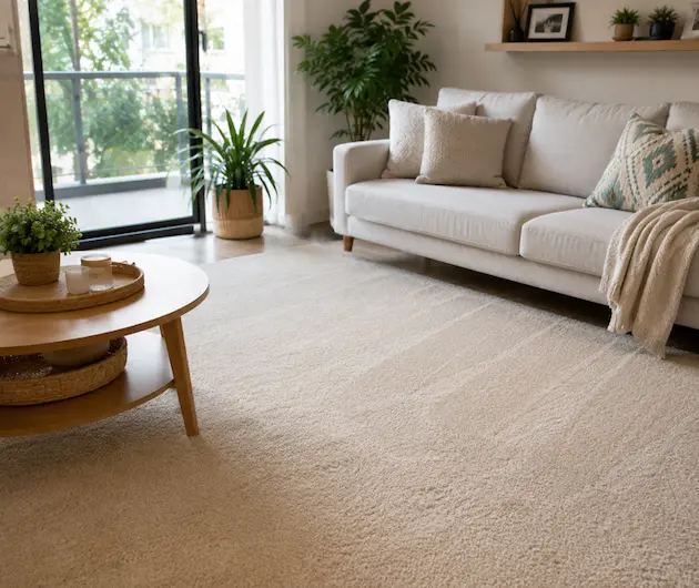 Clean, fresh carpet in a bright residential living room after service from trusted Cairns carpet cleaners