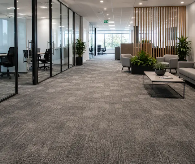 Clean commercial carpet tiles in a modern Cairns office reception and workspace after professional commercial carpet cleaning