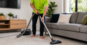 Professional carpet cleaner vacuuming living room carpet in Cairns home