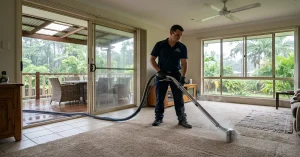 Cairns Carpet Clean technician steam cleaning carpet in a tropical-style home