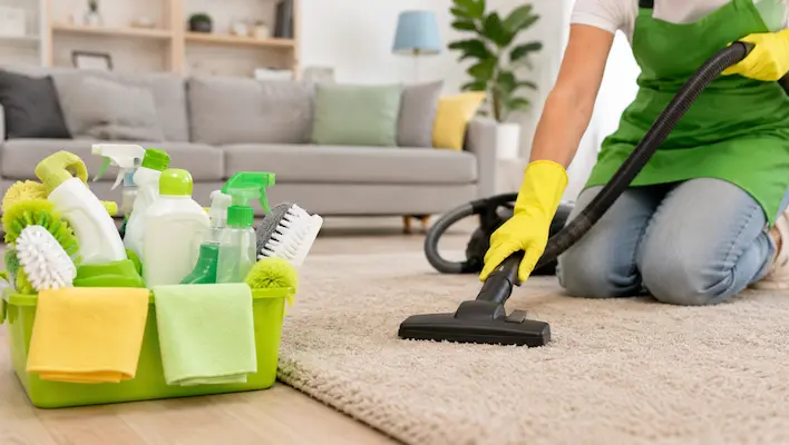 Woman vacuuming carpet with cleaning supply caddy beside her in Cairns home