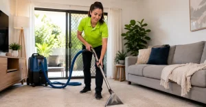 Professional cleaner using hot water extraction machine to deep clean carpet in Cairns living room