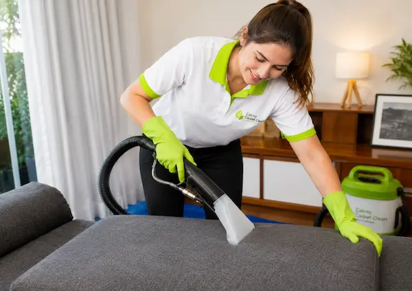 Cairns Carpet Clean technician performing upholstery cleaning on a grey sofa using hot water extraction equipment