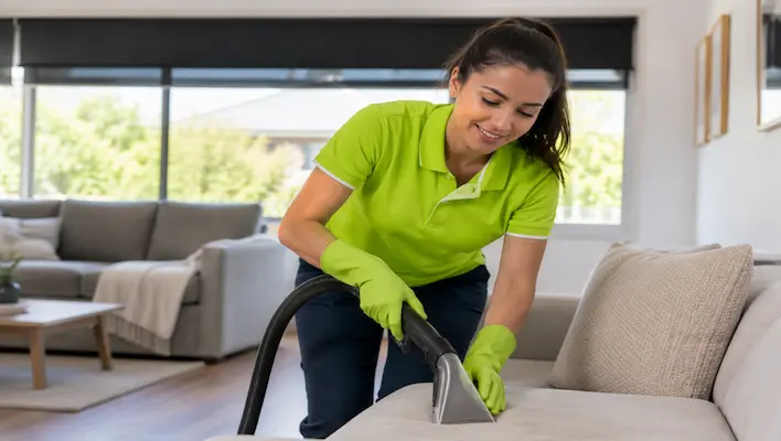 Professional cleaner using upholstery attachment to clean sofa in Cairns home