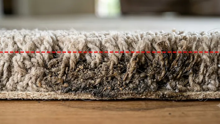 Cross section of carpet fibers showing dirt and grime buildup hidden below the surface